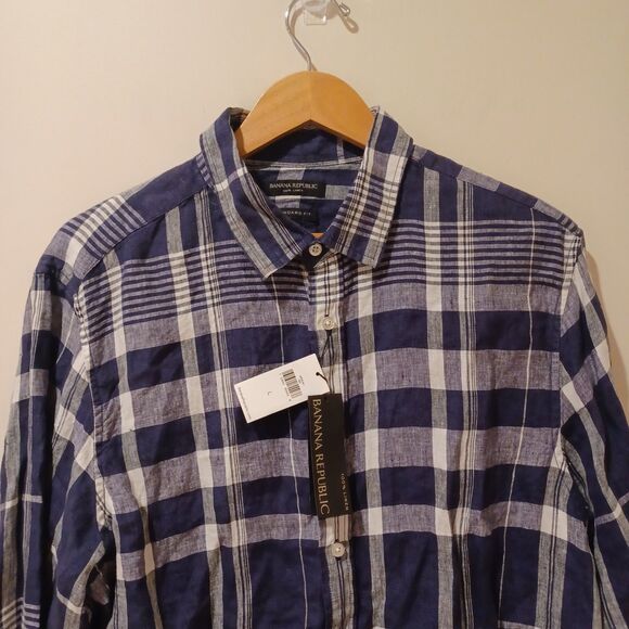 NWT Banana Republic Shirt Men's L Blue Plaid 100% Linen Button-Down Top - Picture 2 of 8